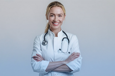 женщина доктор в белом халате врач улыбается и смотрит в камеру